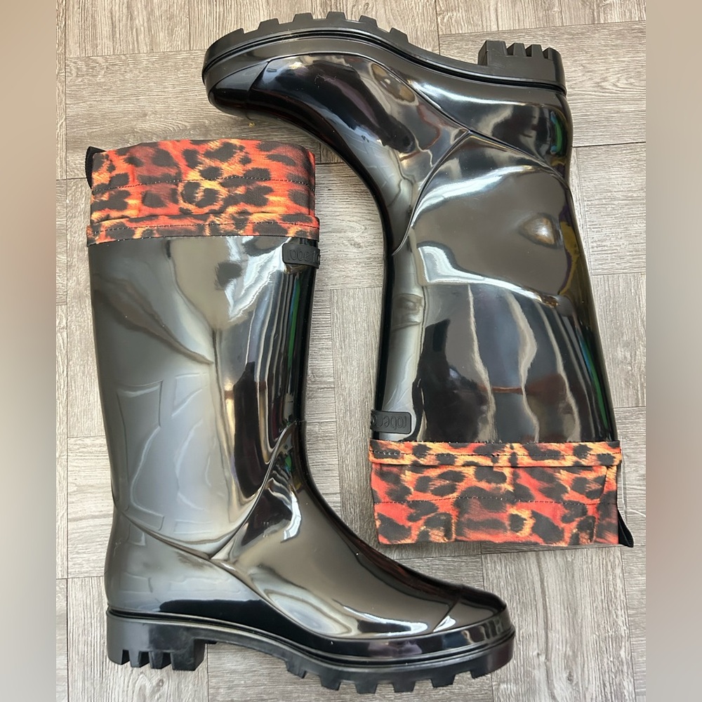 SOLD! Designer Roberto Cavalli Black and Leopard Print Rain Boots